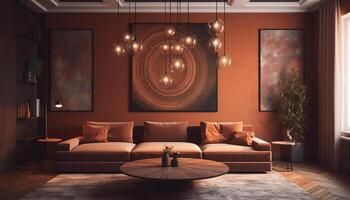 lusso moderno appartamento con confortevole divano, elegante arredamento, e illuminazione generato di ai foto