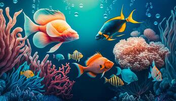 gruppo di colorato pesce e mare animali con colorato corallo subacqueo nel oceano, generativo ai foto