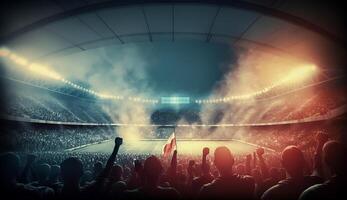 Visualizza dentro calcio stadio con fan su stadio gioco e pubblico persone celebrazione con luce sportiva colorato illuminazione sfondo, generativo ai. foto