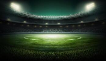 calcio stadio illuminato di faretti e vuoto verde erba terreno di gioco, grande stadio, generativo ai foto