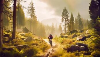 montagna bike donna equitazione su bicicletta nel estate montagne foresta paesaggio, ai generativo foto