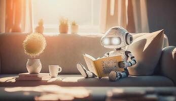 ai robot lettura libro su divano nel soggiorno nel mattina, apprendimento Di Più e Di Più concetto, ai generativo foto