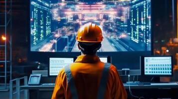 indietro Visualizza di ingegnere nel sicurezza casco e uniformi su grande schermo tenere sotto controllo computer Lavorando controllo macchina nel fabbrica, generativo ai foto