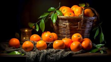 ancora vita con mandarini e frutta nel un' cestino su il tavolo, ai generativo foto