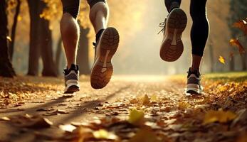 vicino su gambe corridore gruppo in esecuzione su Alba nel autunno parco, ai generativo foto