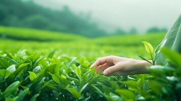 vicino su mano di donna toccare e zampa su superiore di giovane foglia tè e camminare nel il nebbioso verde tè campo nel mattina, ai generativo foto