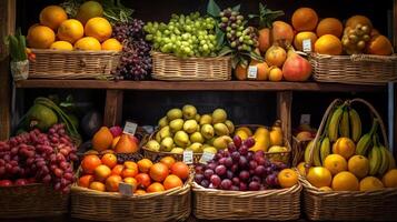 frutta nel cestino con frutta su mensola nel mercato, generativo ai foto