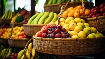 frutta nel cestino con frutta su mensola nel mercato, generativo ai foto