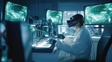 scienziato indossare vr nel uniforme Lavorando su loro computer nel grande schermo tenere sotto controllo nel moderno laboratorio, generativo ai foto