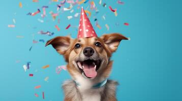 contento e divertente carino cane indossare festa cappello festeggiare compleanno e colorato coriandoli fluente su su blu studio, generativo ai foto