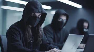 gli hacker con felpe con cappuccio con buio viso maschera. pirata gruppo squadra nel davanti il computer portatile nel moderno ufficio, generativo ai foto