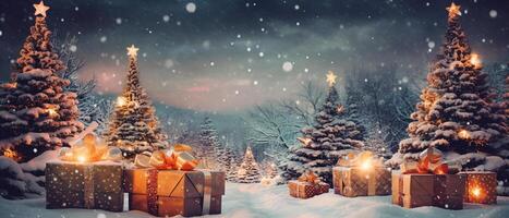 Natale bandiera sfondo, Vintage ▾ regalo scatole e palle su pieno con neve, generativo ai foto