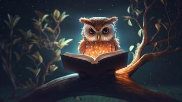 gufo lettura libro su albero a notte, apprendimento e conoscenza concetto, generativo ai foto
