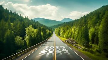 nuovo anno 2024 o dritto inoltrare strada viaggio viaggio e futuro visione concetto, generativo ai foto