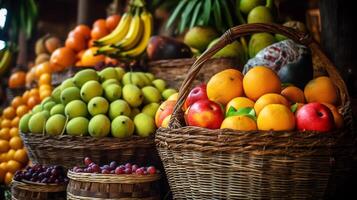 frutta nel cestino con frutta su mensola nel mercato, generativo ai foto