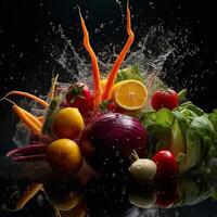 volante frutta e verdure spruzzi nel per chiaro acqua su buio sfondo. fresco salutare cibo concetto. generativo ai. foto