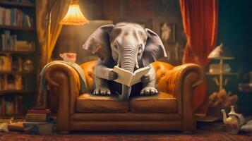 elefante lettura libro su divano, apprendimento e conoscenza concetto, generativo ai foto