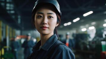 ritratto di un asiatico femmina ingegnere nel uniforme Lavorando nel un' professionale fabbrica, ai generativo foto