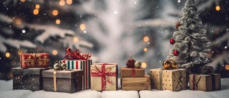 Natale bandiera sfondo, Vintage ▾ regalo scatole e palle su pieno con neve, generativo ai foto