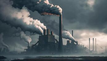 industriale fabbrica inquinamento, ciminiera scarico gas, cattivo atmosfera, generativo ai foto