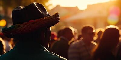 persone indossare contadino cappello festeggiare festa junina. silhouette folla di persone celebrare feste juninas. colorato ghirlanda giugno brasiliano Festival. sao joao. generativo ai illustrazione foto