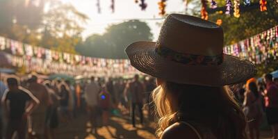 persone indossare contadino cappello festeggiare festa junina. silhouette folla di persone celebrare feste juninas. colorato ghirlanda giugno brasiliano Festival. sao joao. generativo ai illustrazione foto