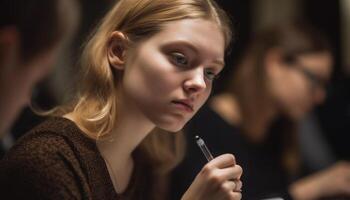 giovane donna studiando nel aula con penna generato di ai foto