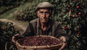 anziano contadino raccolta maturo frutta nel natura generato di ai foto