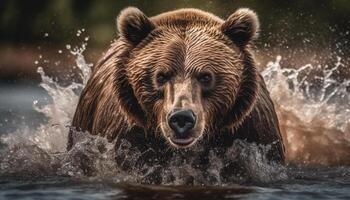 maestoso grizzly orso pesca nel rapido acqua generato di ai foto