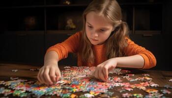 sorridente ragazza Tenere puzzle pezzo concentrazione soluzione generato di ai foto