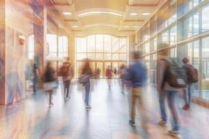 sfocato gruppo di giovane studenti andando per classe nel veloce movimento, generativo ai foto