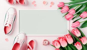 superiore Visualizza con rosa tulipani fiori, scarpe, rossetto e cosmetico sfondo, generativo ai foto