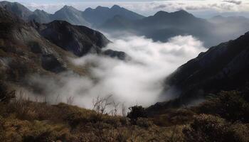 maestoso montagna picco trafigge nebbioso montagna gamma generato di ai foto