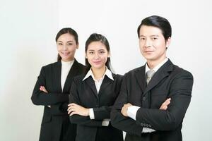 giovane asiatico uomo donna indossare attività commerciale ufficio completo da uomo In piedi bianca sfondo foto