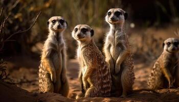 piccolo meerkat famiglia in piedi nel un' riga all'erta generato di ai foto