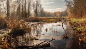 autunno foresta riflette vivace colori nel stagno generato di ai foto