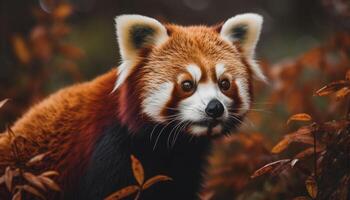 carino rosso panda seduta su albero ramo generato di ai foto