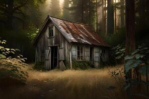 un' fotografia di un abbandonato Casa annidato nel il cuore di un' foresta. generativo ai foto
