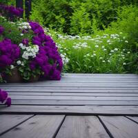 bellissimo fiori su un' di legno sfondo, un' di legno pavimentazione contro bellissimo fiori giardino. generativo ai foto