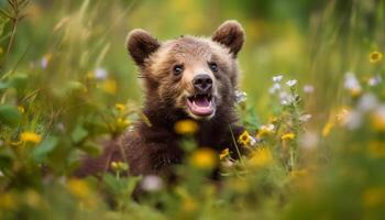 soffice cucciolo giocando nel prato con dente di leone generato di ai foto