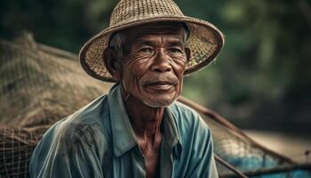 sorridente anziano uomo nel cannuccia cappello pesca generato di ai foto