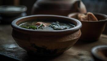 salutare fatti in casa vegetariano la minestra cucinato nel terracotta generato di ai foto