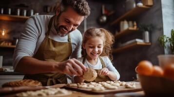 contento padre e figlia cottura al forno nel un' cucina illustrazione ai generativo foto