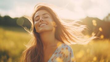 contento donna su il soleggiato campo. illustrazione ai generativo foto