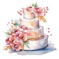 acquerello nozze torta con fiori. illustrazione ai generativo foto