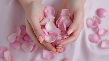 mani con rosa petali. . illustrazione ai generativo foto