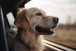 d'oro cane da riporto cane seduta nel auto e guardare su il finestra ai generato foto