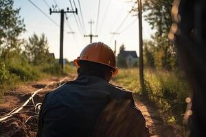 ingegnere nel elmetto protettivo e giacca su il sfondo di elettrico fili, un' uomo diligentemente Lavorando per installare o riparazione qualche cosa, ai generato foto