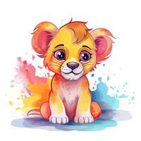 cartone animato Leone seduta e sorridente. colorato Leone cucciolo collezione su un' bianca sfondo. giocoso bambino Leone impostato con colore schizzi. bambino Leone con colorato pelliccia seduta illustrazione. generativo ai. foto