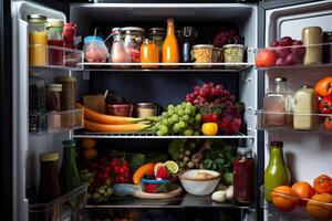 frigorifero pieno di salutare cibo, frutta e la verdura, avvicinamento, un ha aperto frigo pieno di fresco frutta e la verdura, ai generato foto
